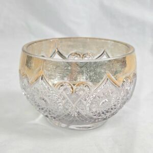Vintage Pressed Glass Bowl Gold Rim Clear Cut Pattern